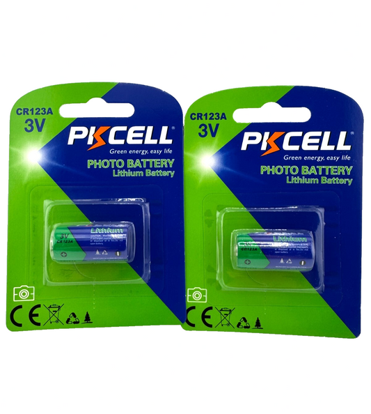 2-Pack PKCELL CR123A Photo Lithium Batteries – 3V 1500mAh – 2 Blister Cards