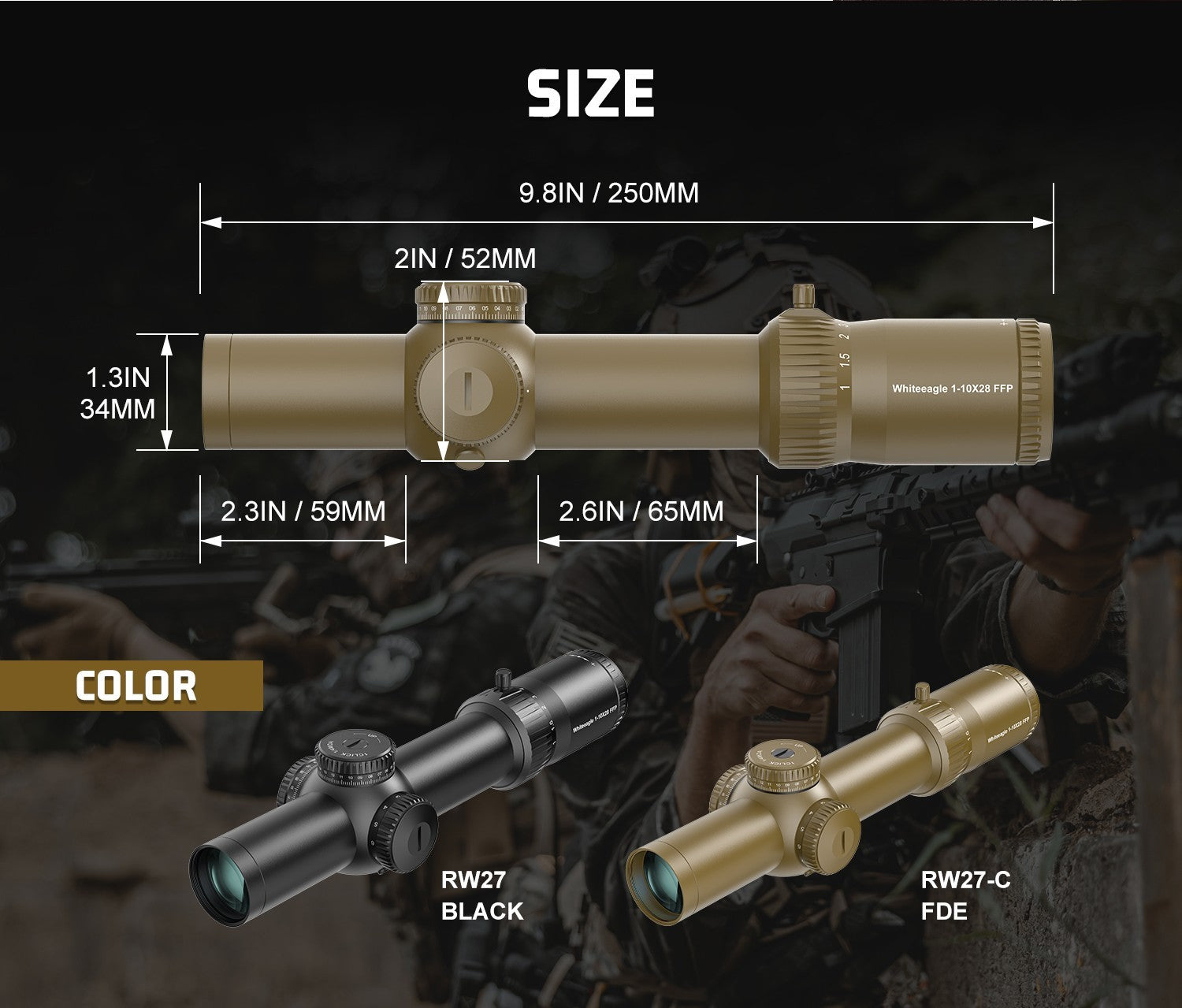 Red Win Whiteeagle 1-10x28 FFP LPVO Scope FDE 34mm Tube 1/4 MOA Motion Sensor