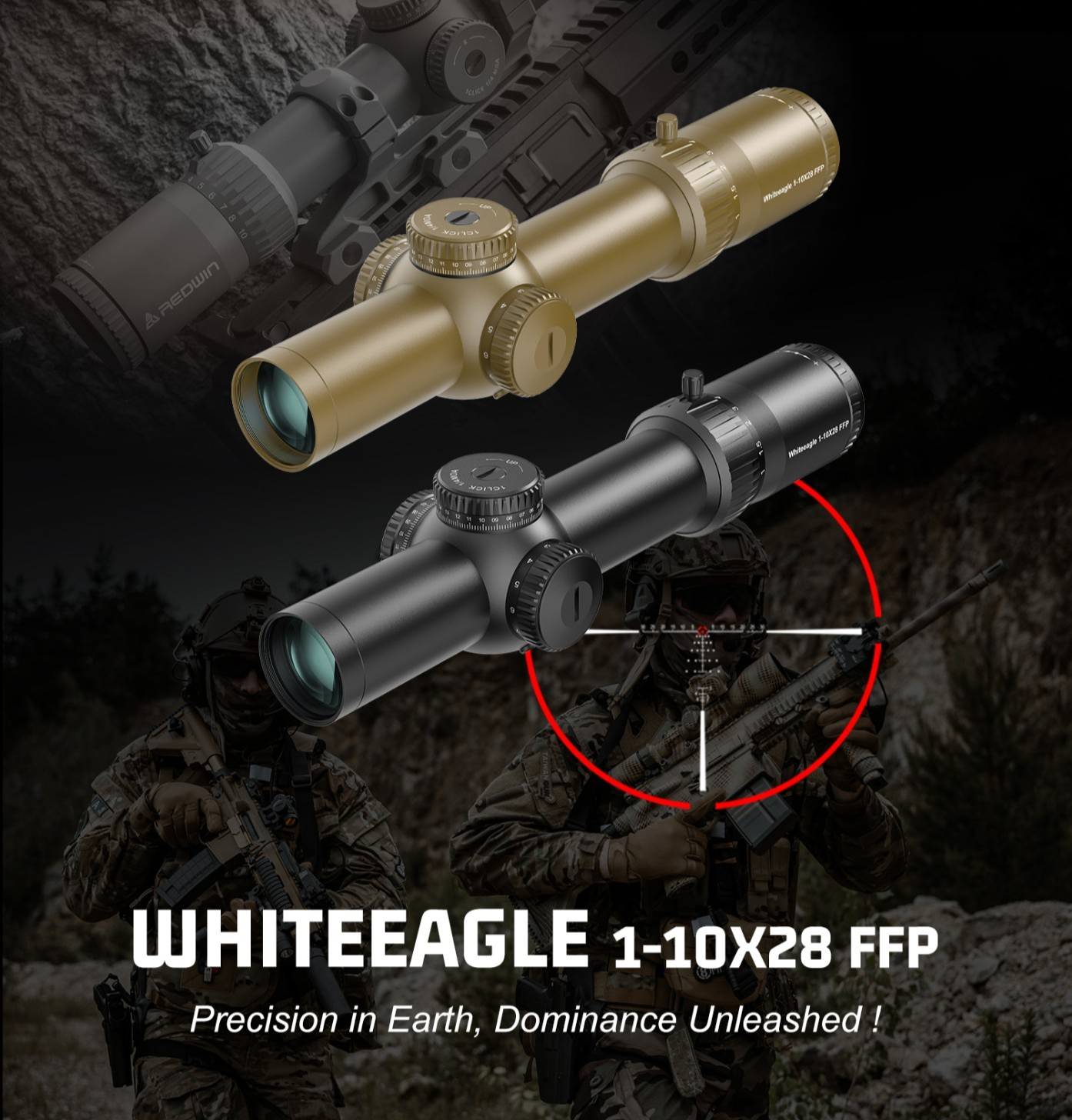 Red Win Whiteeagle 1-10x28 FFP LPVO Scope FDE 34mm Tube 1/4 MOA Motion Sensor