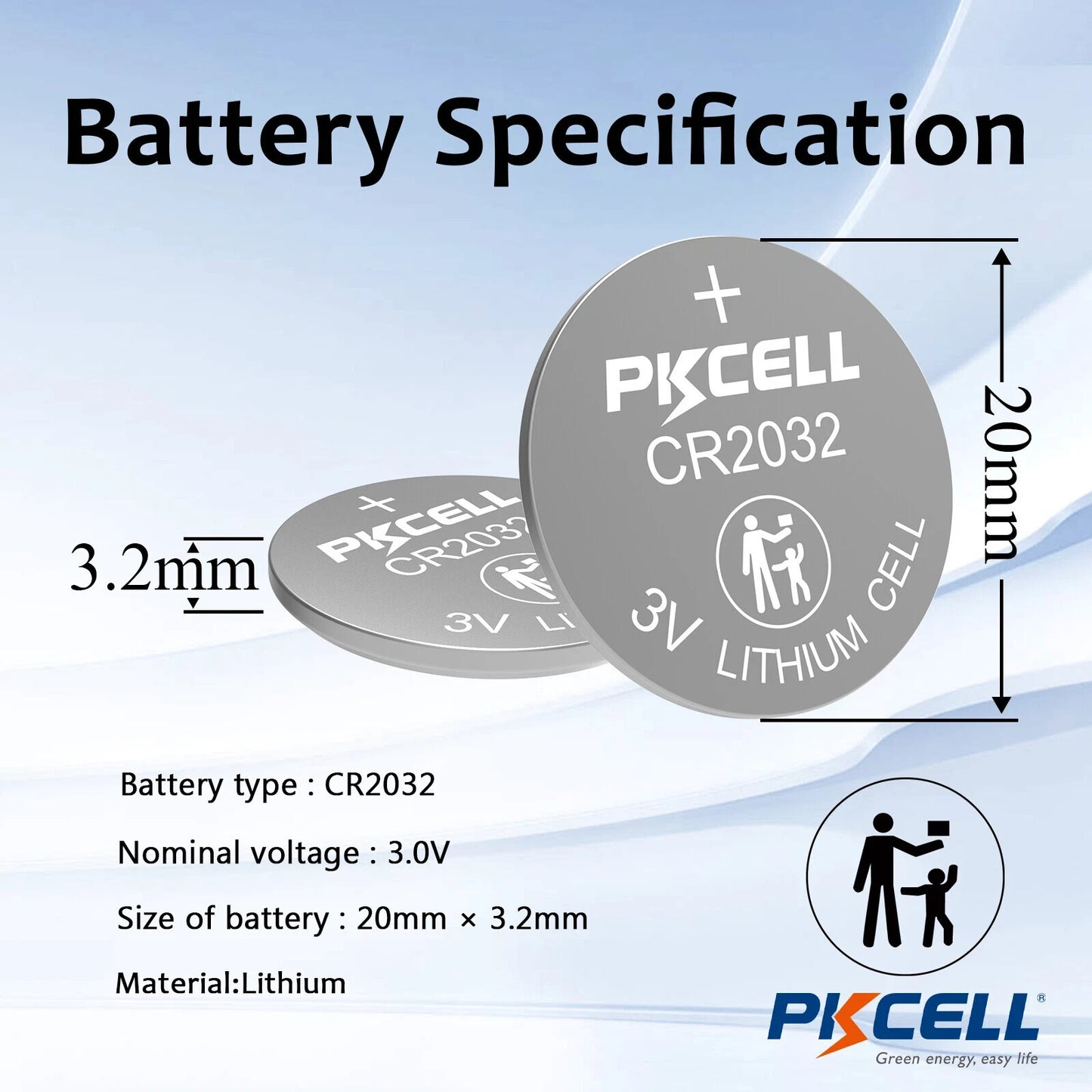 5 cards of 5 CR2032 batteries (25 total) PKCELL 3V - 5-yr shelf life