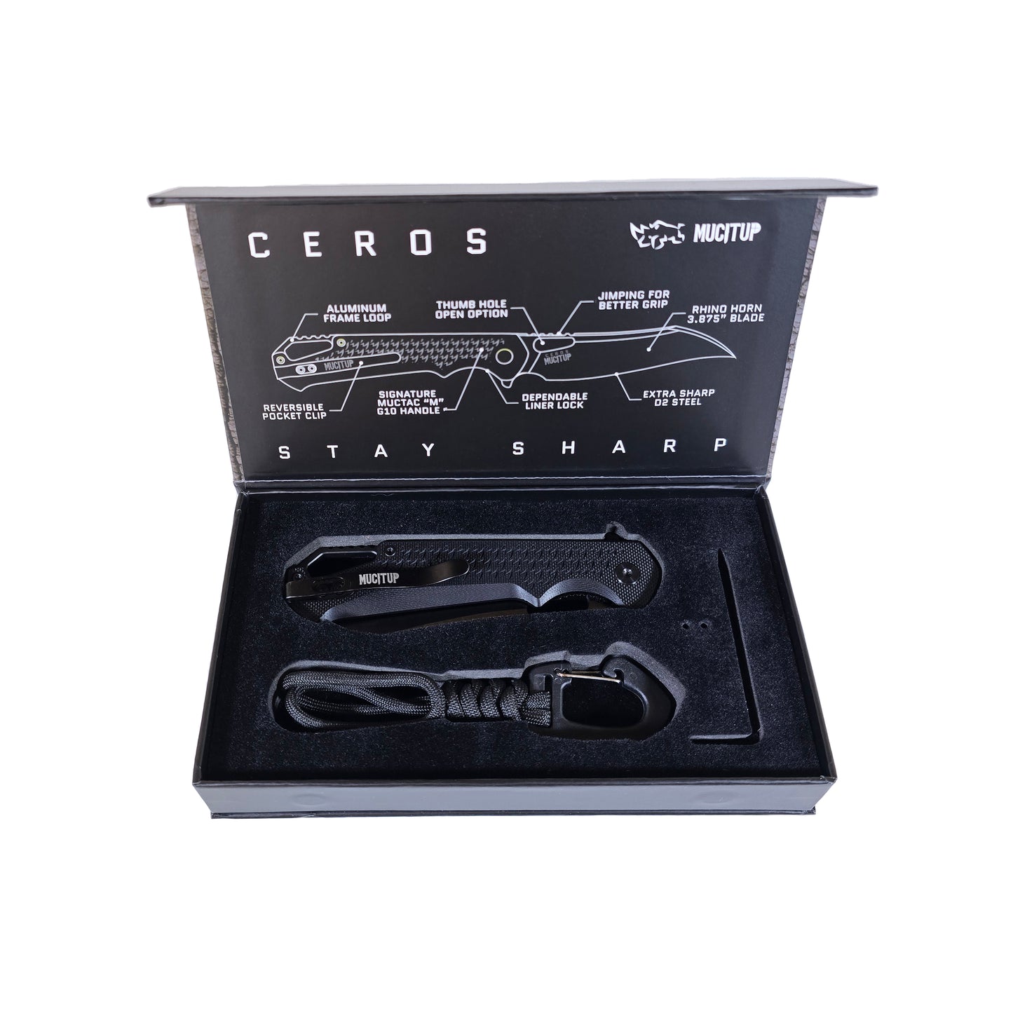MUCITUP Ceros Blackout Edition – D2 DLC Rhino-Horn Blade | G10 Handle | Liner Lock EDC