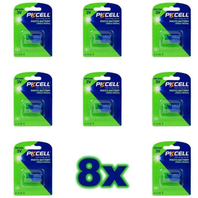 PKCELL CR123A 3V Lithium Battery 1500mAh 8-Pack (8 Blister Cards) USA Ship