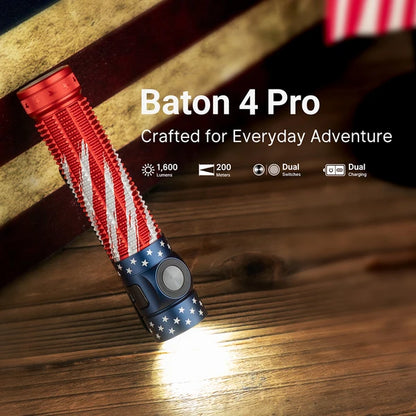 Olight Baton 4 Pro Rechargeable EDC Flashlight – 1600 Lumens – Black & Stars & Stripes