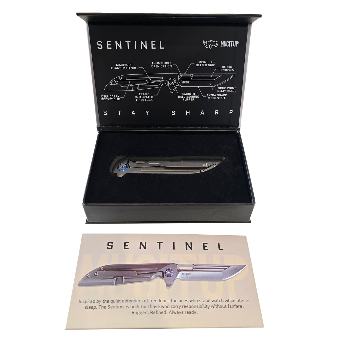 MUCITUP MUCTAC Sentinel Titanium Knife M390 Steel Ceramic Bearing Flipper 3.25"