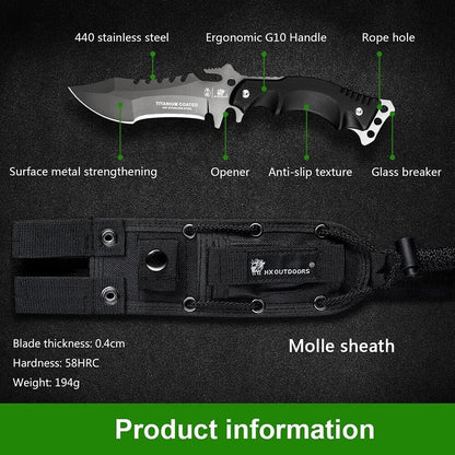 HX Outdoors D-123 Fixed Blade Tactical Knife 440 Steel, G10 Handle, MOLLE Sheath