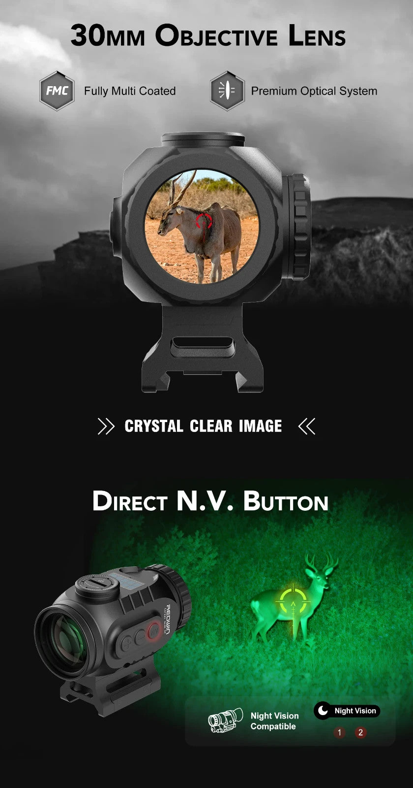 Red Win RMP3S 3x30 Prism Scope Solar Etched Red Green Reticle Tactical Optic