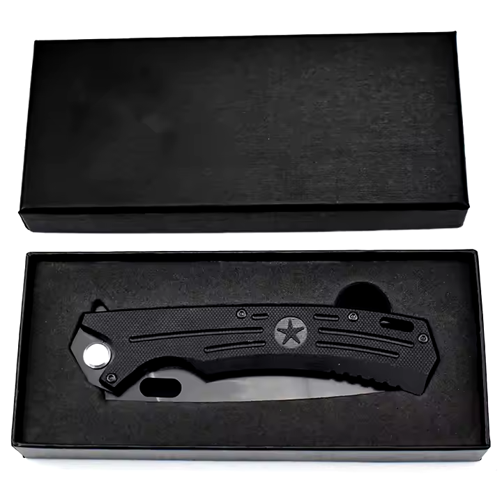 HOKC “Major” Tactical EDC Knife W/Black G10 Handle - D2 Blade, Black Blade