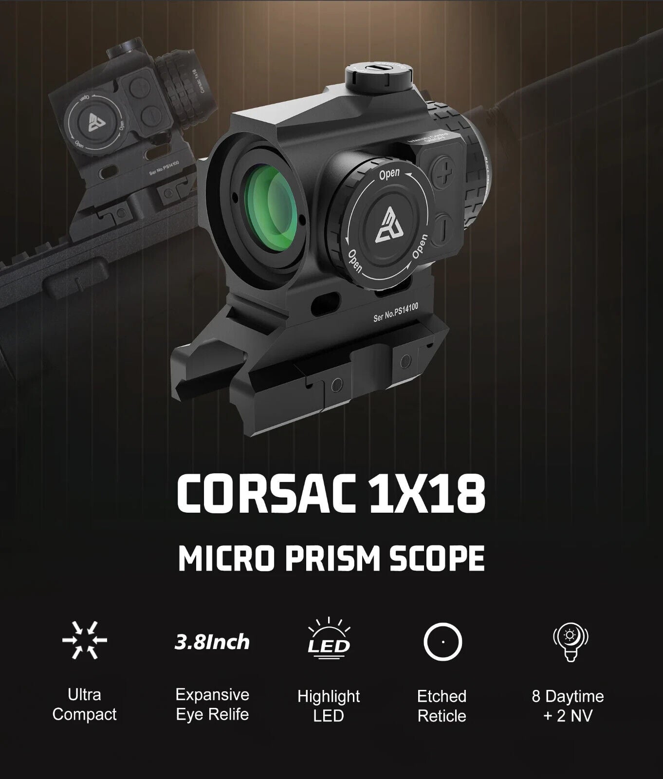 Corsac 1x18 Micro Prism Scope Etched Reticle 8 Day+2 NV IPX67 Hunting Optic