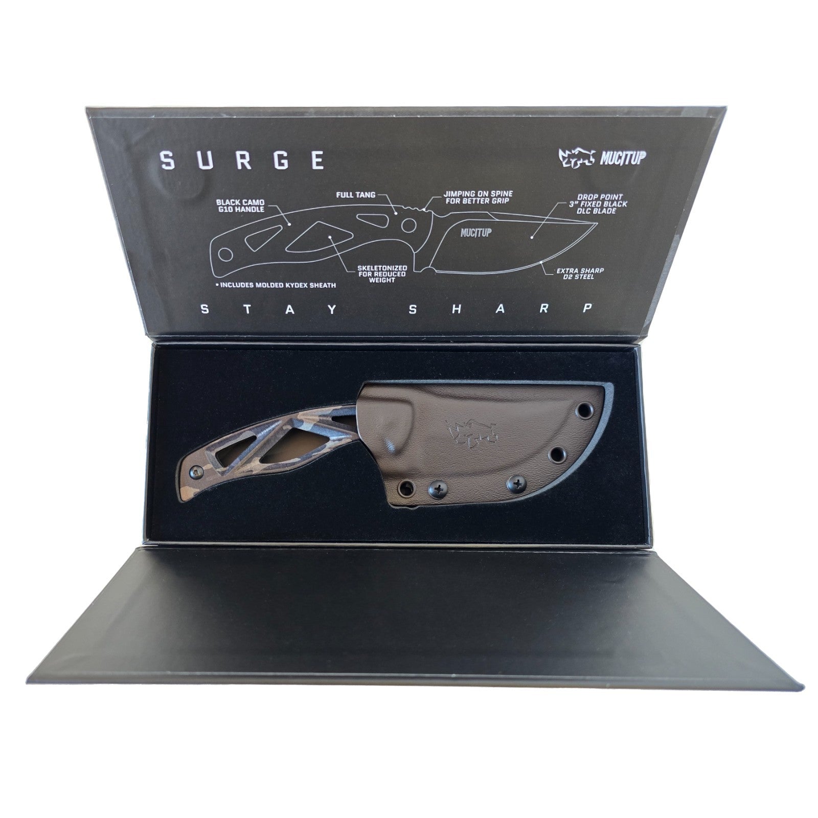 MUCITUP MUCTAC Surge Fixed Blade Knife D2 Steel 3" DLC Blade Multicam Black G10 
