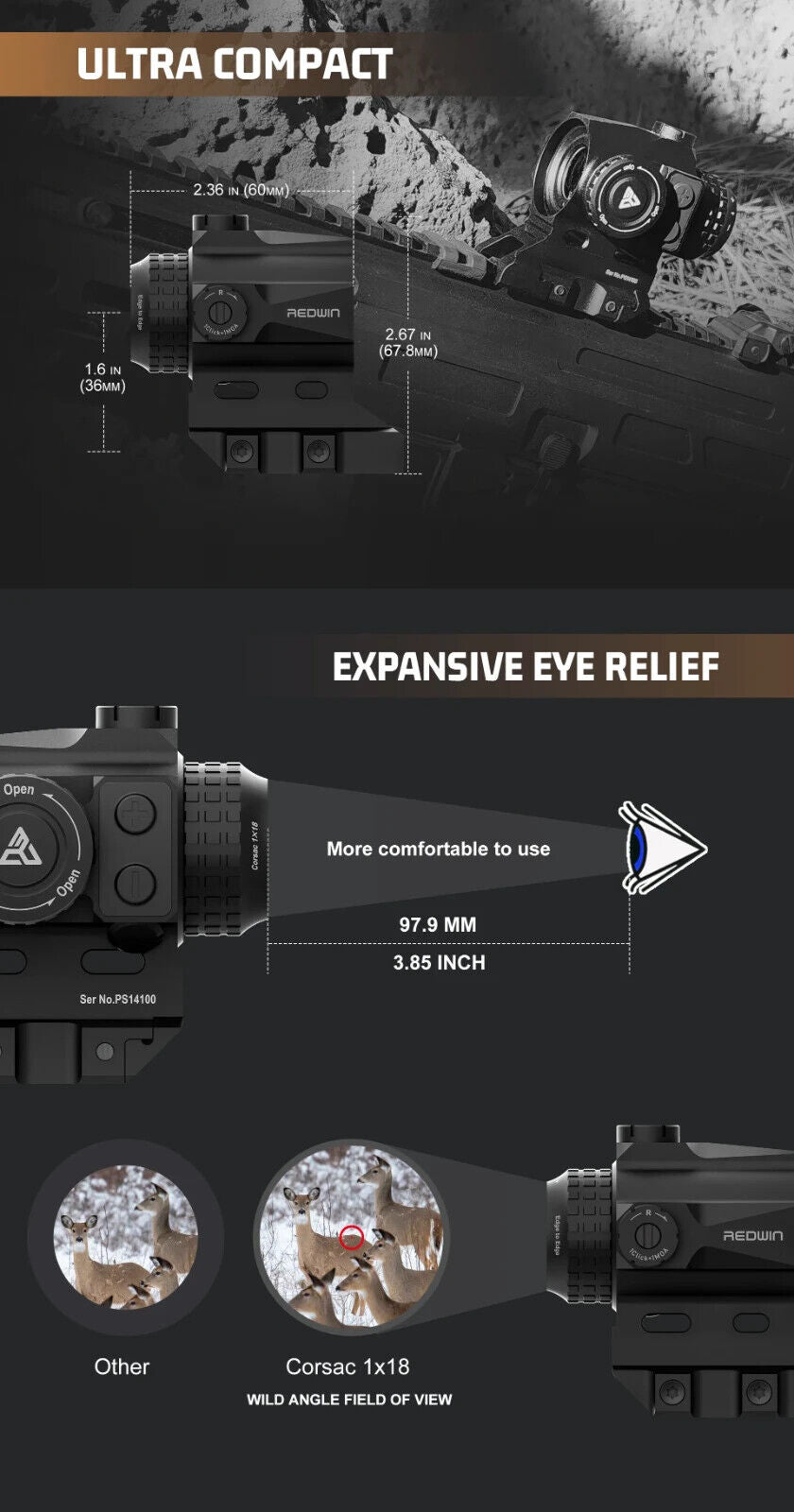 Corsac 1x18 Micro Prism Scope Etched Reticle 8 Day+2 NV IPX67 Hunting Optic