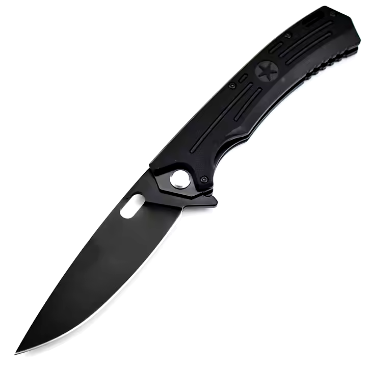 HOKC “Major” Tactical EDC Knife W/Black G10 Handle - D2 Blade, Black Blade