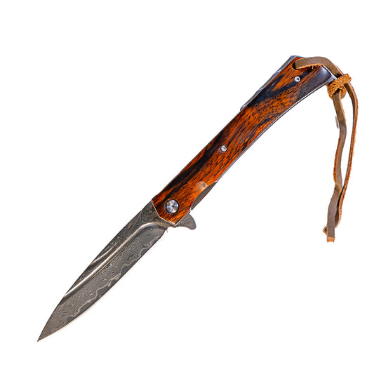 Damascus Steel Flipper Knife Wood Handle Liner Lock 3.875" Blade 8.5" EDC