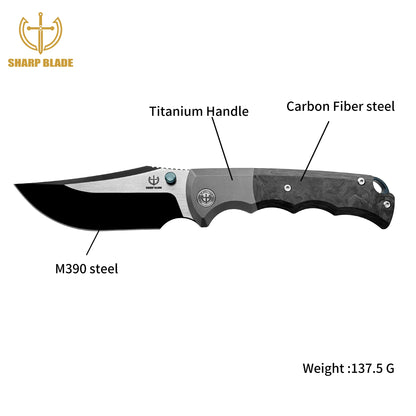 Sharp Blade - M390 Folding Knife Titanium Carbon Fiber Handle Premium Pocket Knife